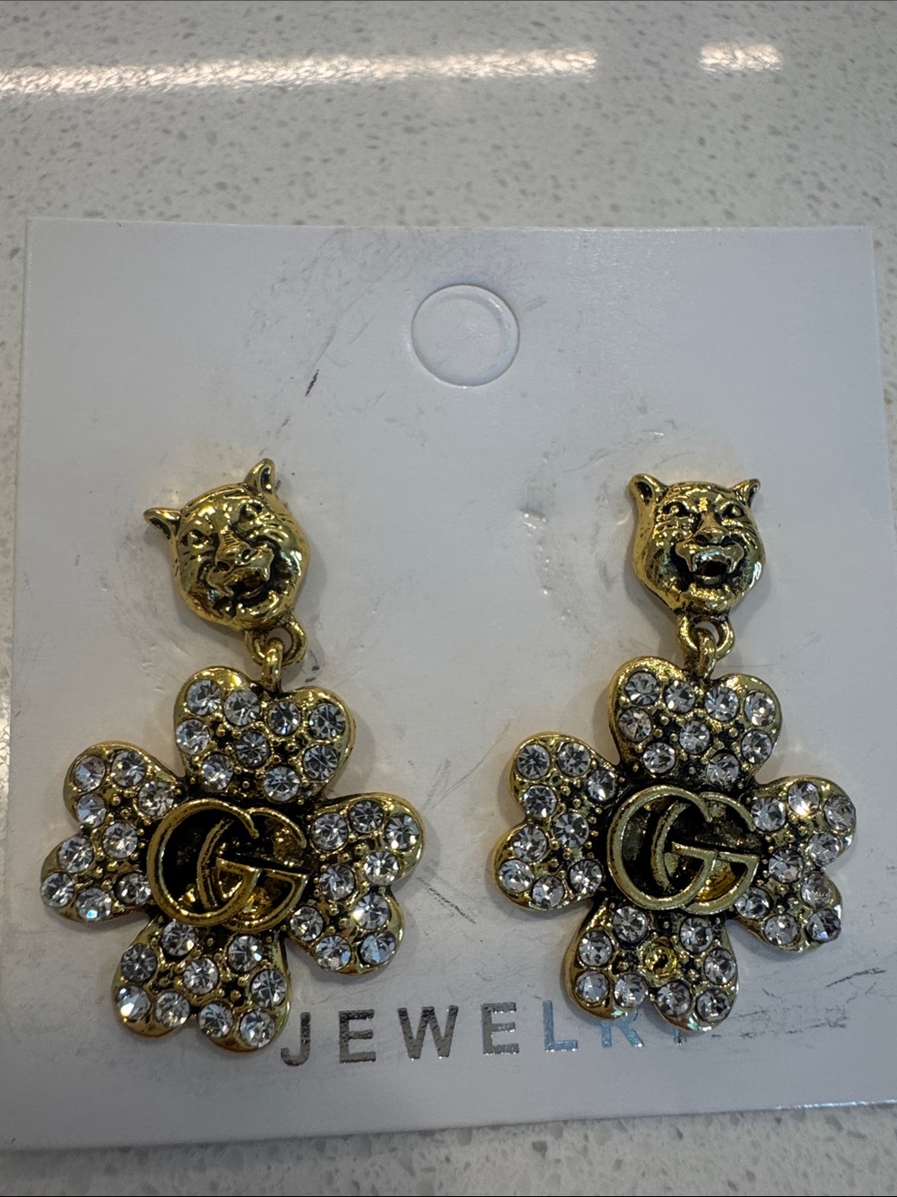 Gold Crystal Flower Drop Earrings with Interlocking G Detail